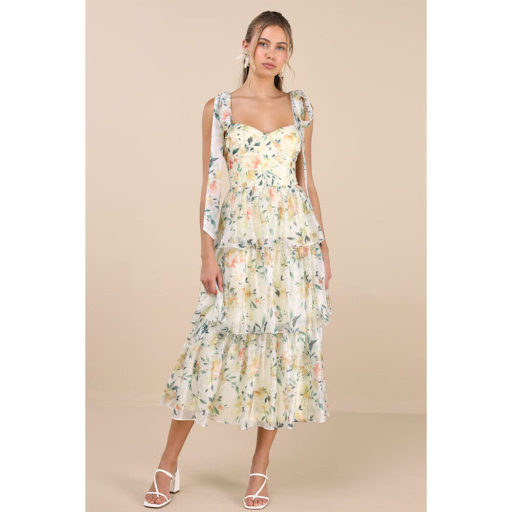 Lulus Svea Light Yellow Floral Tiered Tie-strap Midi Dress - Size L
